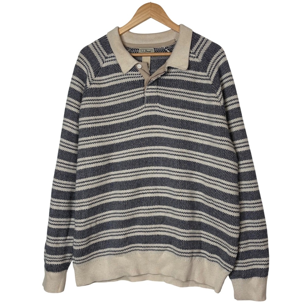 LL Bean Wicked Soft Cashmere Blend Stripe Polo Sweater Long Sleeve Mens Navy XL